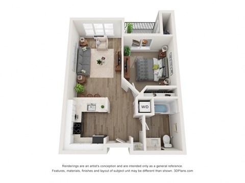 Floor plan for 1 bed, 1 bath, 634 sqft